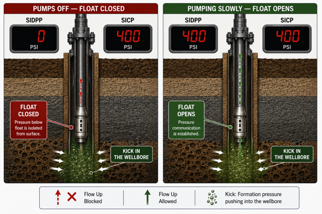 Illustration of a drillstring float restricting pressure communication back to surface